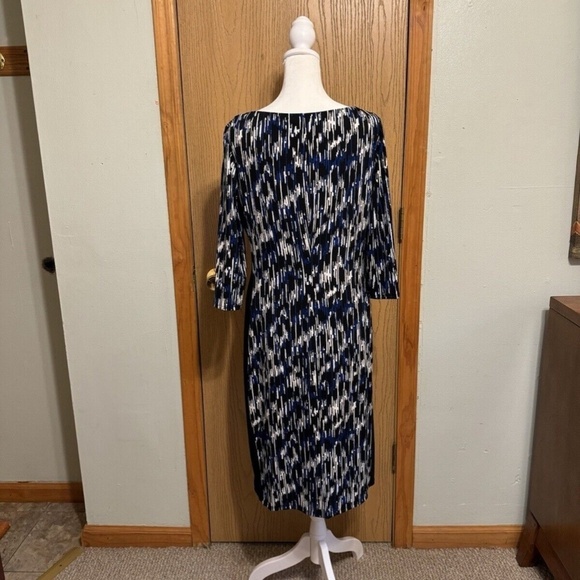 Kasper Size 8 Multi-Color w/Geometric Print 3/4 Sleeve Mid-Calf Sheath Dress - Picture 3 of 5